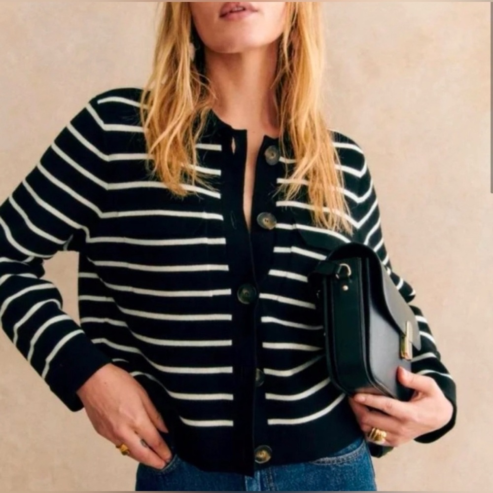 Sézane Betty Black / Ecru Cardigan, Size Small